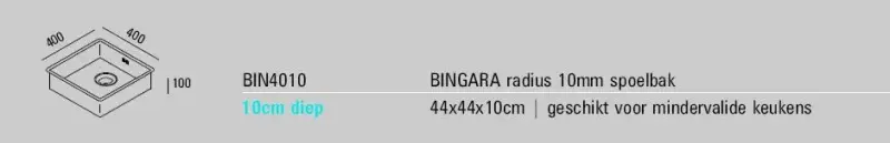 ABK Bingara ondiepe mindervalide rvs spoelbak 10cm diep 40x40cm vlakinbouw, onderbouw en opbouw BIN4010FVI
