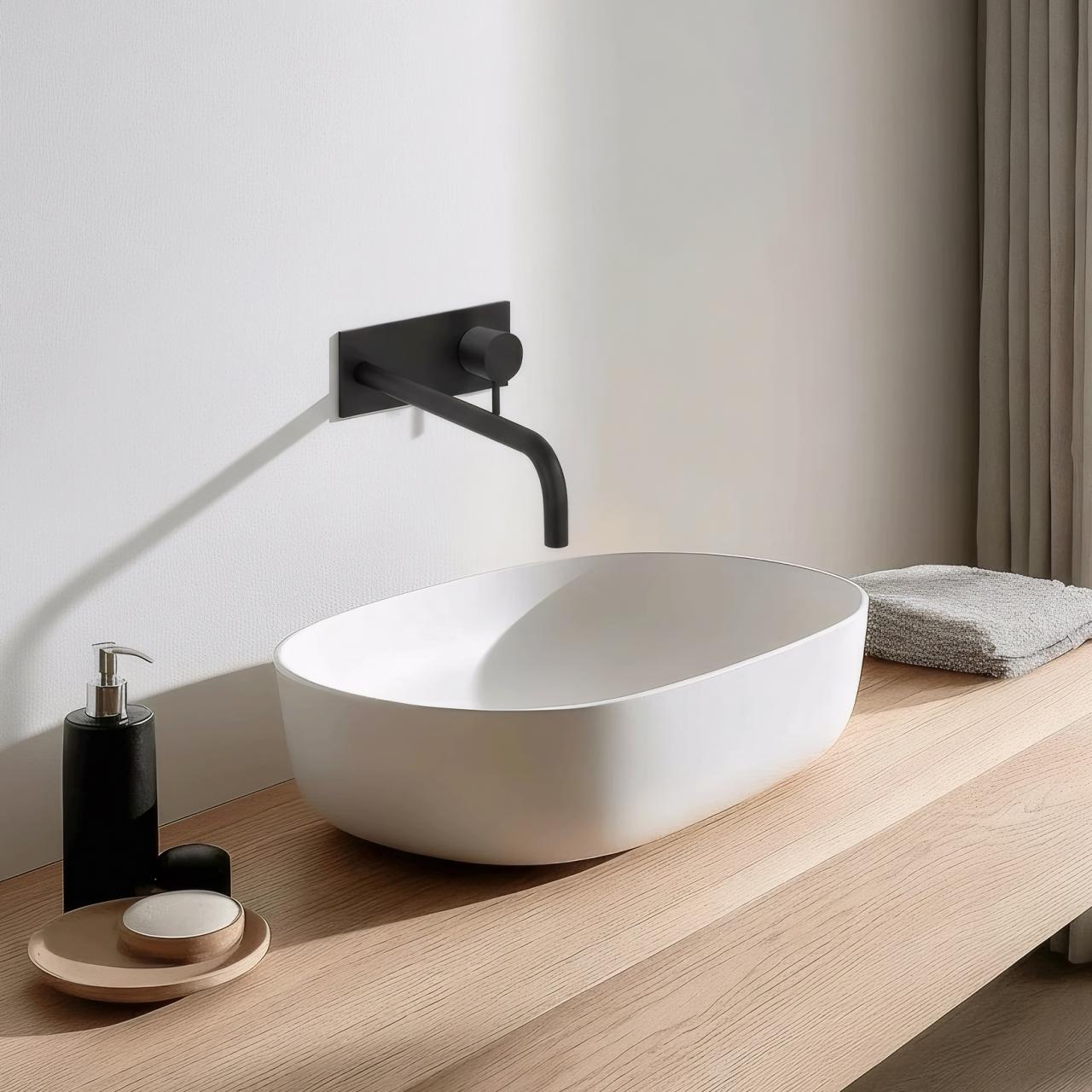Waterevolution Flow inbouw wastafelkraan met afdekplaat mat zwart met uitloop 25cm T1161BPR-25