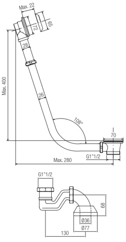PB badafvoer met ketting voor vrijstaand bad RVS 1208676992