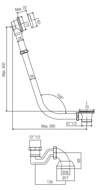 PB badafvoer met ketting voor vrijstaand bad chroom 1208677012