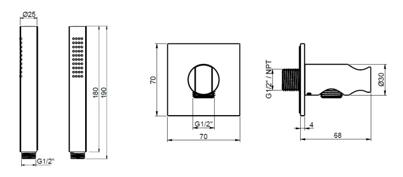 SB 316 Square handdoucheset met slang en ophanghaak RVS