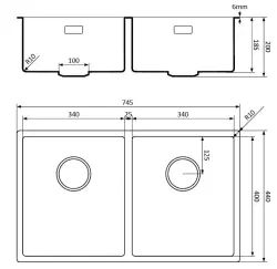 Lorreine zwarte Quartz dubbele spoelbak 3434cm onderbouw vlakbouw zwart met RVS korfplug 1208954059