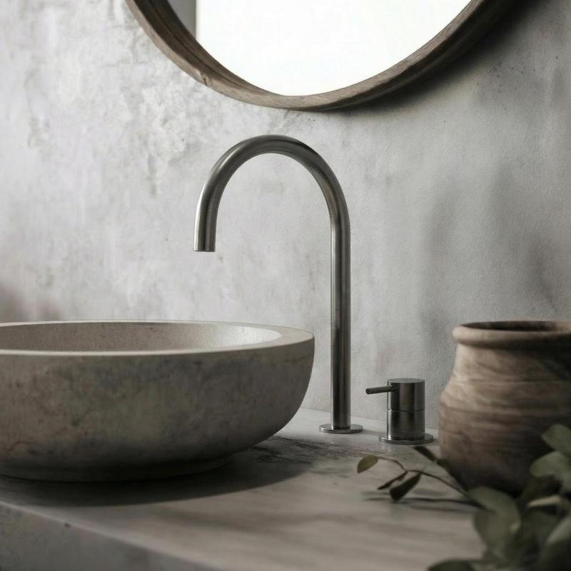 Waterevolution Flow 2-hole basin mixer PVD Gun Metal with high U 200mm spout T1122UGME