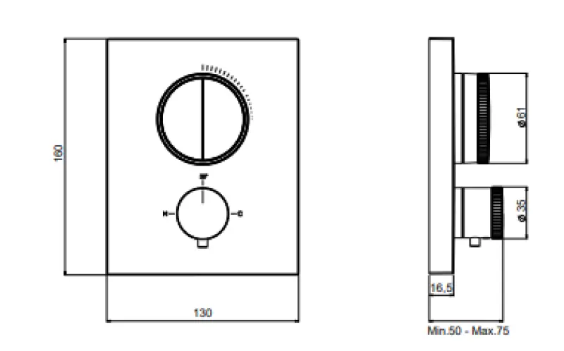 SB Push Square Inbouw thermostaatkraan met drukknop omsteller en volumeregelaar RVS 1208955123