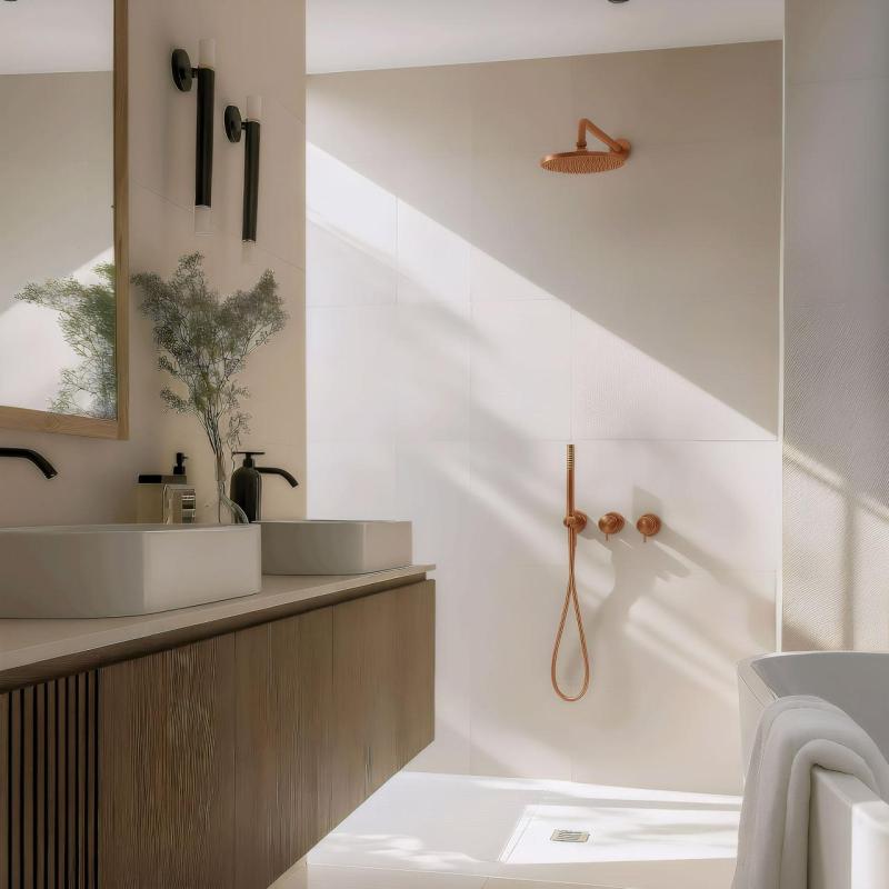 Waterevolution Flow inbouw doucheset met thermostaat regendouche en handdouche geborsteld koper PVD