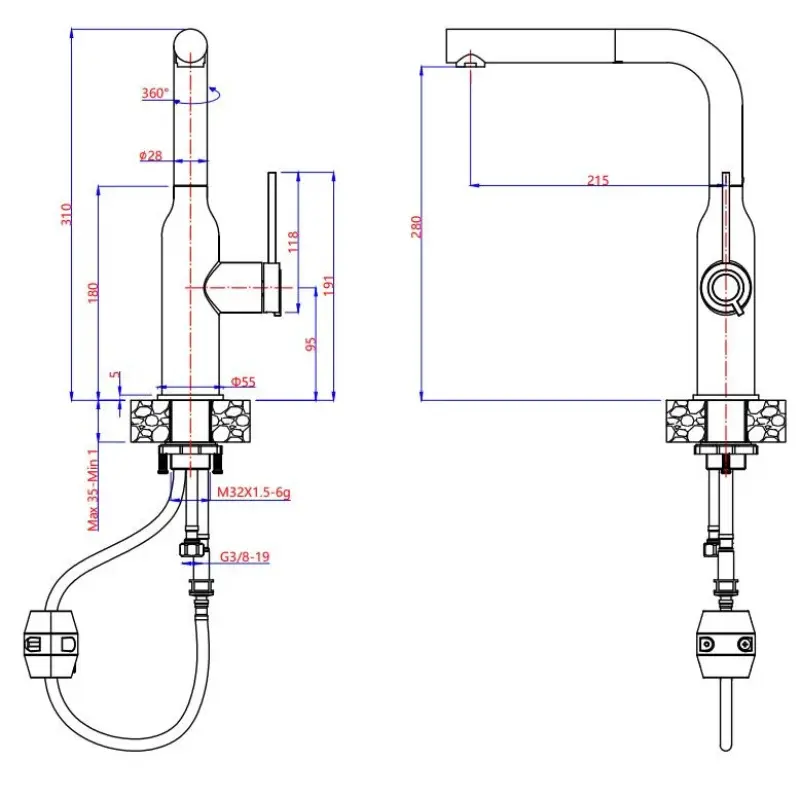 Quadri Stamford keukenmengkraan met uitneembare uitloop mat zwart 1208956082