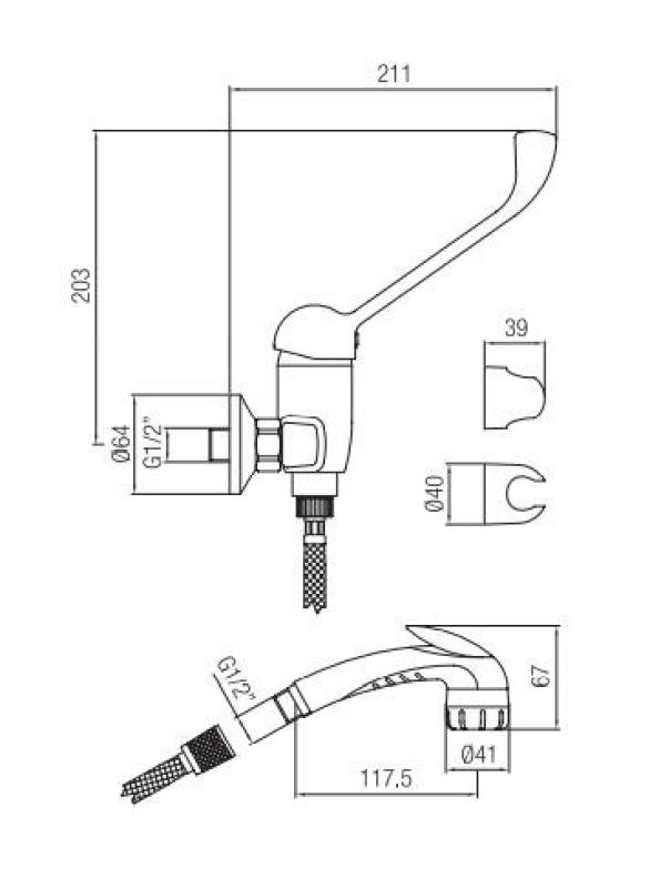 PB Clinic mindervaliden douchemengkraan met lange hendel chroom met knijphanddouche 1208956283