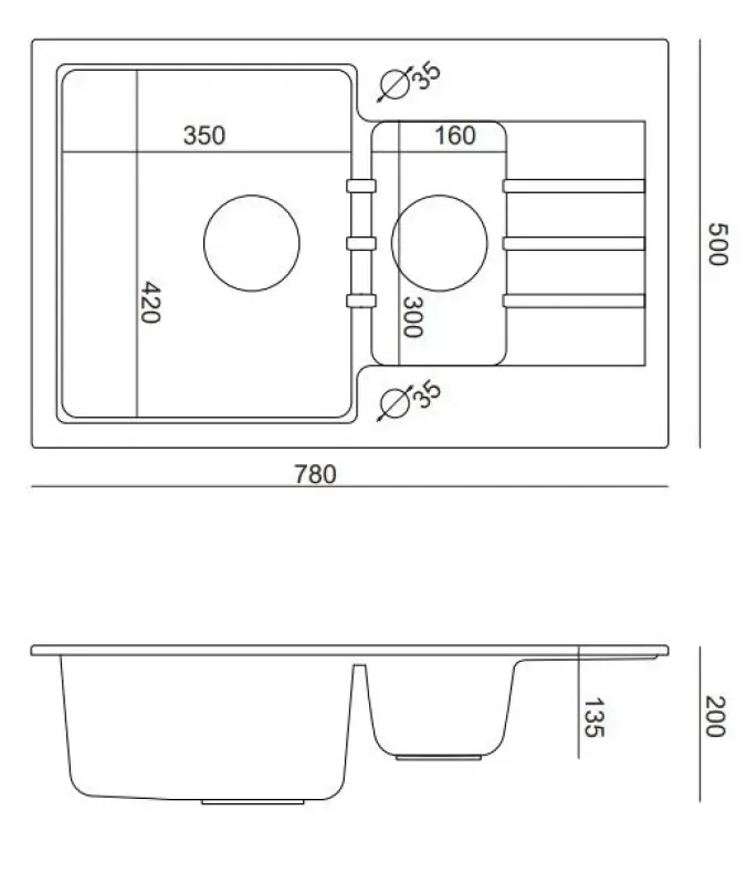 Quadri Cardigan zwarte 1,5 granieten opbouw spoelbak met afdruipvlak omkeerbaar 78x50cm met zwarte plug 1208956315