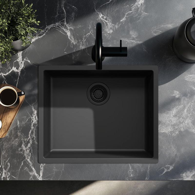 Zwarte spoelbak 50x40cm onderbouw opbouw en vlakbouw met zwart plug 1208956396