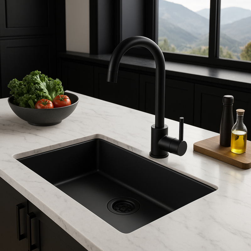 Zwarte grote spoelbak 70x40cm onderbouw opbouw en vlakbouw met zwart plug 1208956401