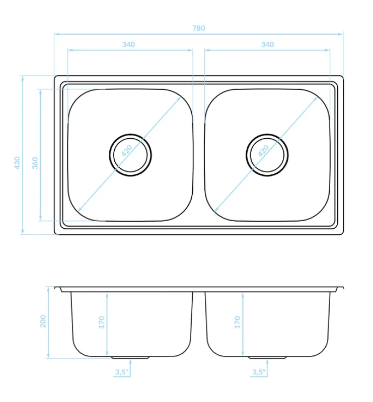Ausmann Basic dubbele rvs opbouw spoelbak  78x43 cm inclusief sifon 1208956995
