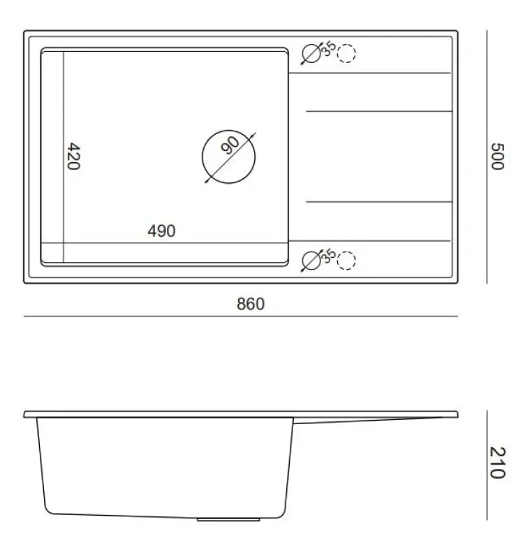 Quadri Luton zwarte granieten grote opbouw spoelbak met afdruipvlak omkeerbaar 86x50cm met zwarte plug 1208957326