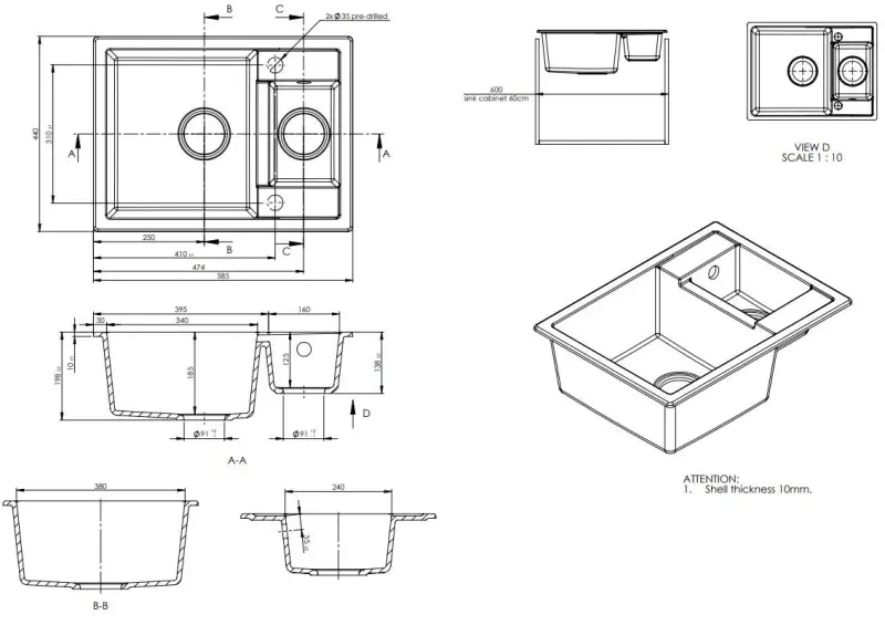 GraniteMy Smart extra ondiepe 1,5 granieten opbouw zwarte spoelbak omkeerbaar 58x44cm 1208957386