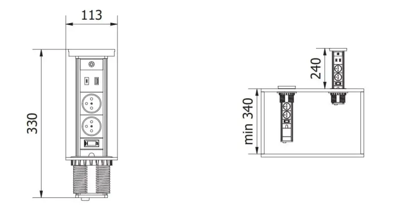 Indux Lift verzinkbare penaarde zwart keuken stopcontact in werkblad met verlichting, 2 x USB en draadloos opladen 1208957402