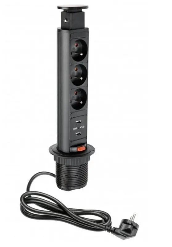 Indux Up & Down small verzinkbare penaarde zwarte keuken stopcontact in werkblad met 3 stopcontacten en 2 x USB 1208957418