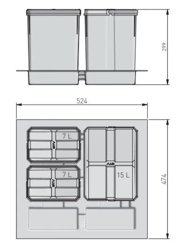 Garbi Basket B-60-3 sorteer afvalsysteem voor lade 60cm  incl. houder en 3 afvalbakken 1208957473