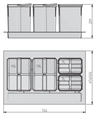 Garbi Basket B-80-4 sorteer afvalsysteem voor lade 80cm  incl. houder en 4 afvalbakken 1208957477