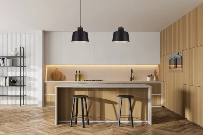 Decor Margus mat zwarte metalen hanglamp met houten toevoeging 2911