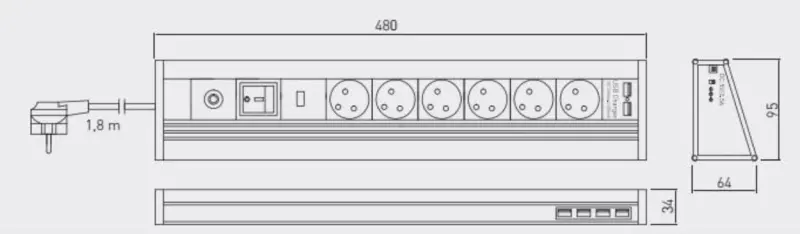 Indux Corner hoek en vrijstaande stopcontact aluminium met 6 randaarde stopcontacten en 6 USB 1208957851