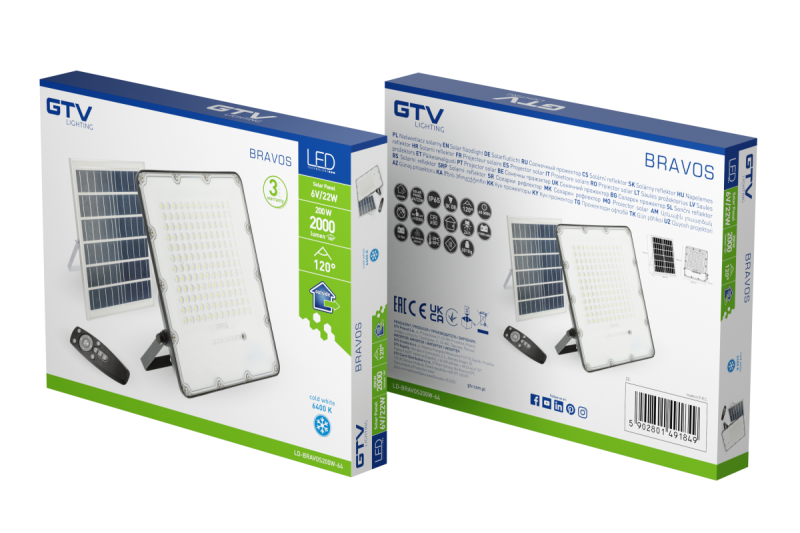 LED floodlight BRAVOS, 200W, 2000lm, 6400K, IP65, 120°, solar panel, remote control, 3y 1208962683