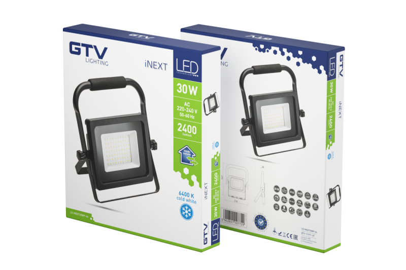 LED floodlight iNEXT (portable) 30W 2400lm, PF>0,9, RA>80, IP65, 120°, 6400K, black body 1208962861