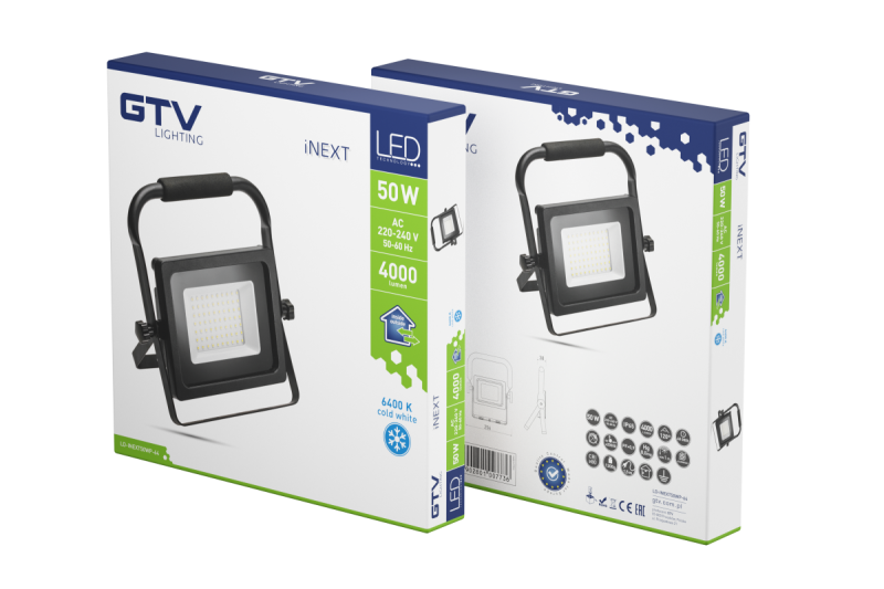 LED floodlight iNEXT (portable) 50W 4000lm, PF>0,9, RA>80, IP65, 120°, 6400K, black body 1208962863