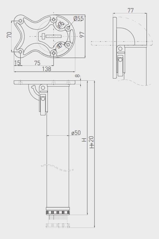 Inklapbare tafelpoot zwart 71cm hoog 50mm diameter en 2cm verstelbaar 1208963575