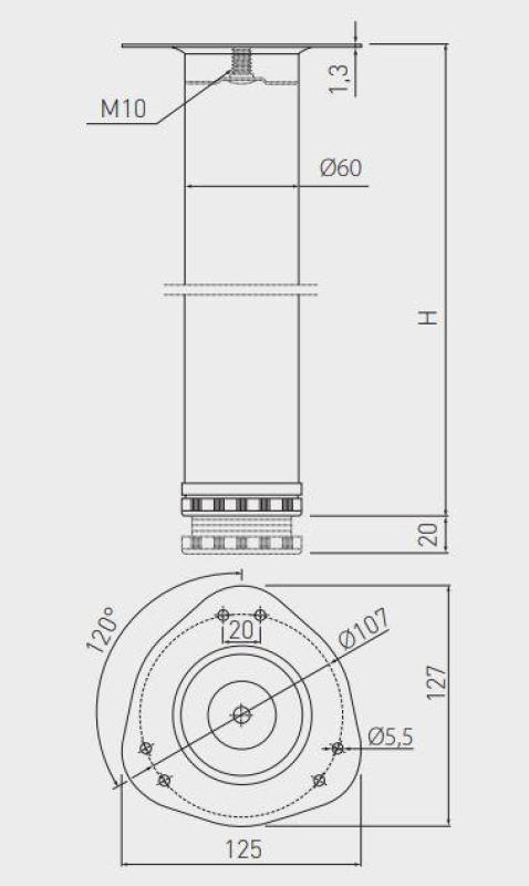 Tafelpoot rond zwart 71cm hoog verstelbaar 2cm met poot diameter 6cm 1208963633