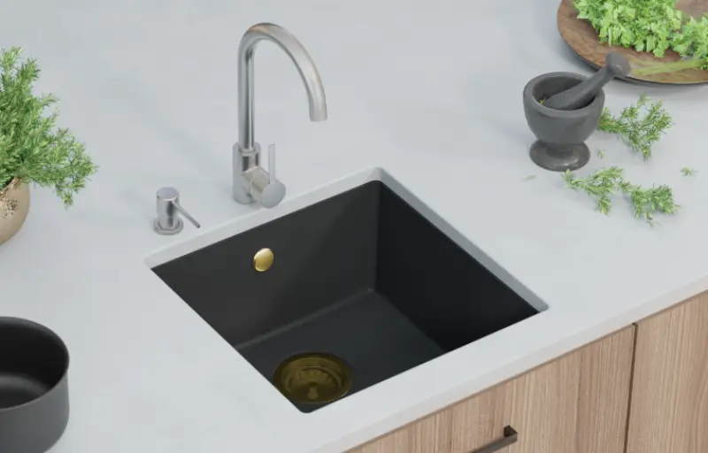 GraniteMy Universal granieten zwarte spoelbak 40x40 cm zwart opbouw onderbouw en vlakinbouw met gouden plug 1208967113