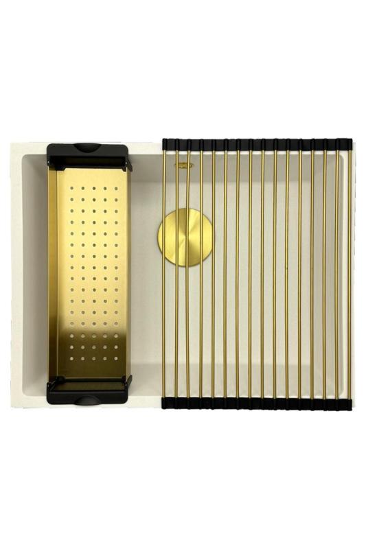 GraniteMy Universal granieten witte spoelbak 55x40 cm wit opbouw onderbouw en vlakinbouw met gouden  plug 1208967155