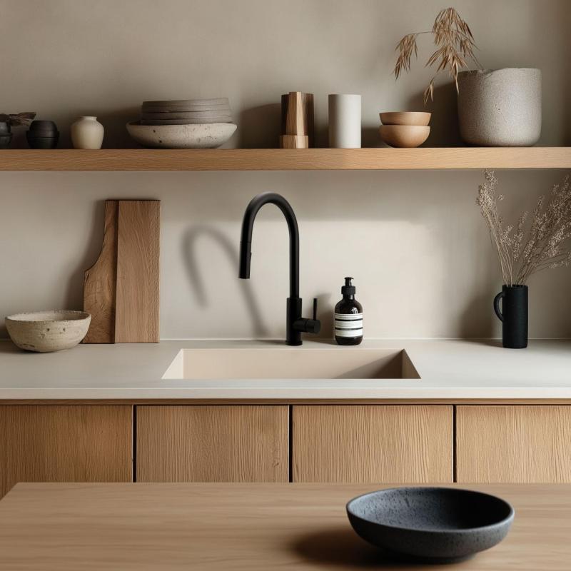 GraniteMy Universal granieten beige zand spoelbak 40x40 cm opbouw, onderbouw en vlakinbouw met koperen plug 1208967210