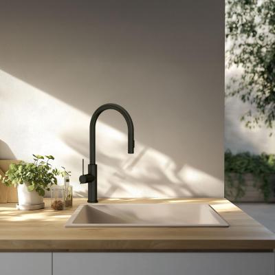 GraniteMy Universal granieten beige zand spoelbak 40x40 cm opbouw, onderbouw en vlakinbouw met zwart plug 1208967232