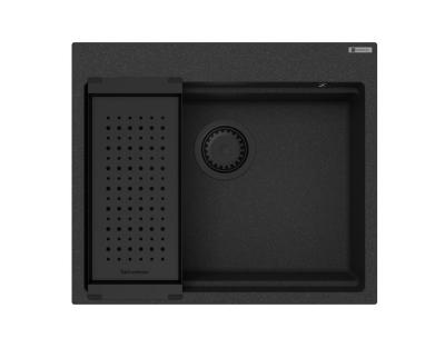 GraniteMy Steam granieten spoelbak 56x48 cm zwart opbouw met zwart plug inclusief accessoires 1208967233