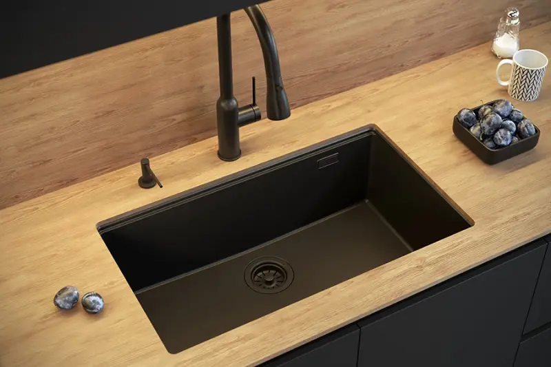 Quadri Newport II grote en diepe spoelbak graniet opbouw en onderbouw grijs spoelbak 76x45cm met rvs plug 1208967272