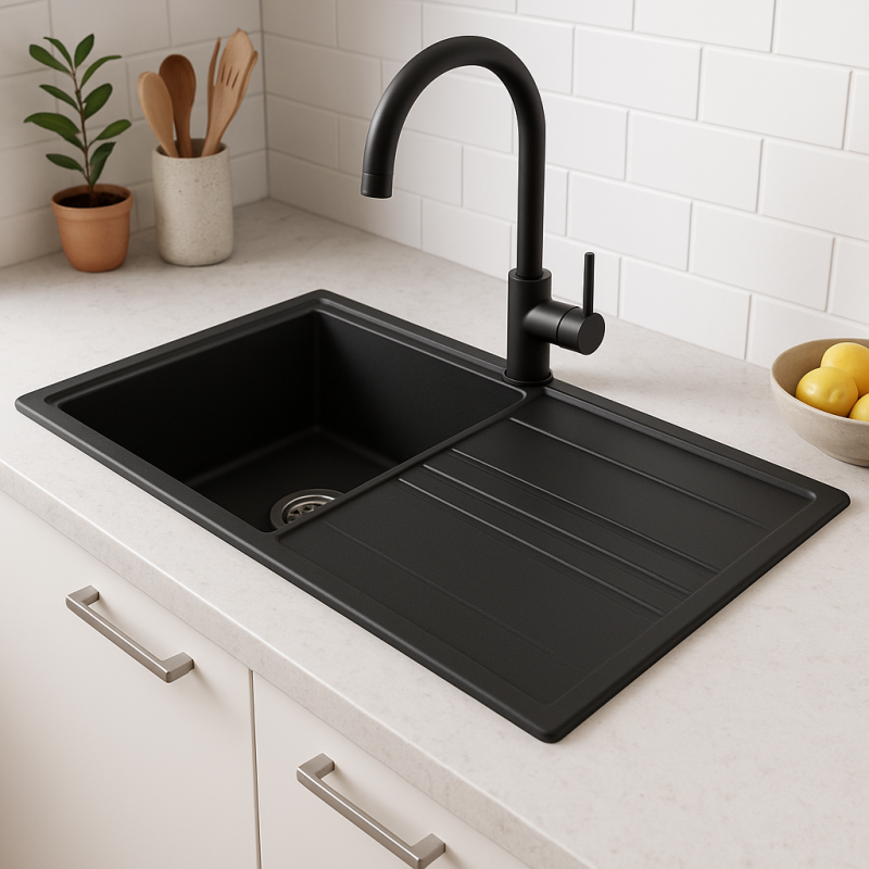 GraniteMy Vesi granieten opbouw zwarte spoelbak 86x50cm met afdruip omkeerbaar met rvs plug 1208967279