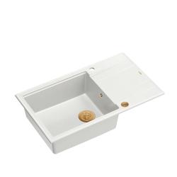 Quadri Luton witte granieten grote opbouw spoelbak met afdruipvlak omkeerbaar 86x50cm met koperen plug 1208967328