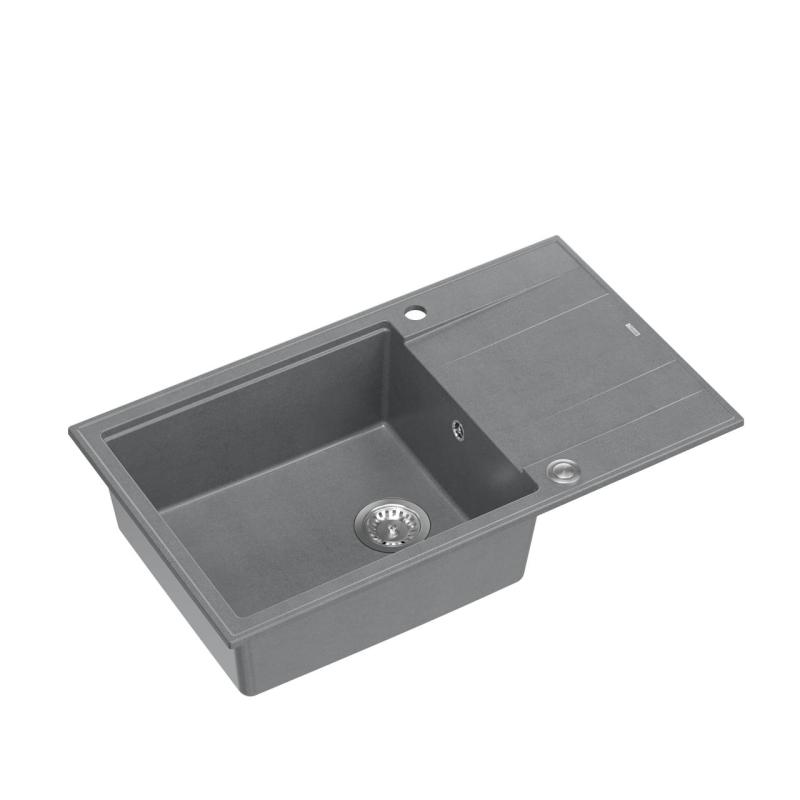 Quadri Luton grijs granieten grote opbouw spoelbak met afdruipvlak omkeerbaar 86x50cm met rvs plug 1208967330