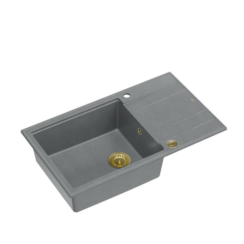 Quadri Luton grijs granieten grote opbouw spoelbak met afdruipvlak omkeerbaar 86x50cm met gouden plug 1208967332