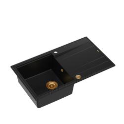 Quadri Luton zwarte granieten opbouw spoelbak met afdruipvlak omkeerbaar 86x50cm met koperen plug 1208967337