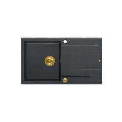 Quadri Luton antraciet granieten opbouw spoelbak met afdruipvlak omkeerbaar 86x50cm met gouden plug 1208967344