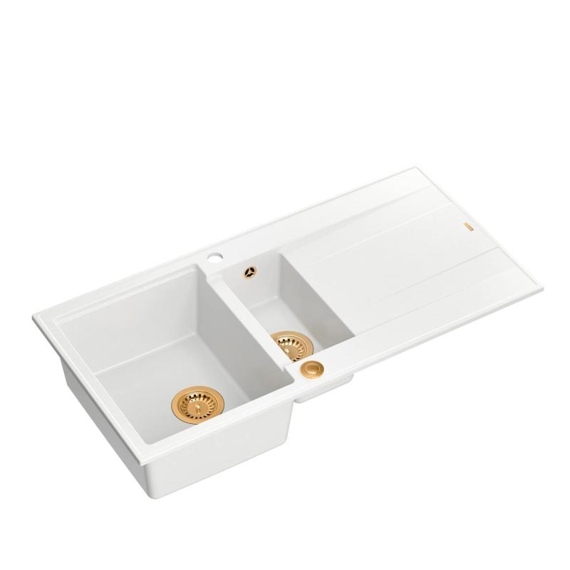 Quadri Luton witte granieten opbouw 1,5 spoelbak met afdruipvlak omkeerbaar 100x50cm met koperen plug 1208967349