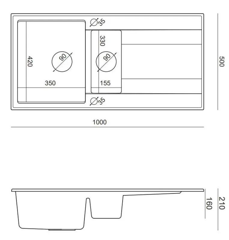 Quadri Luton grijs granieten opbouw 1,5 spoelbak met afdruipvlak omkeerbaar 100x50cm met rvs plug 1208967350