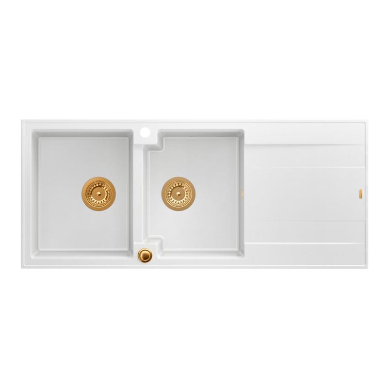Quadri Luton opbouw dubbele graniet spoelbak wit met afdruipgedeelte 116x50 cm met koperen plug 1208967359