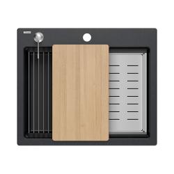 Quadri Durham antraciet graniet opbouw spoelbak 595x500 met zeepdispenser, snijplank, inzetbak en rolmat 1208967379