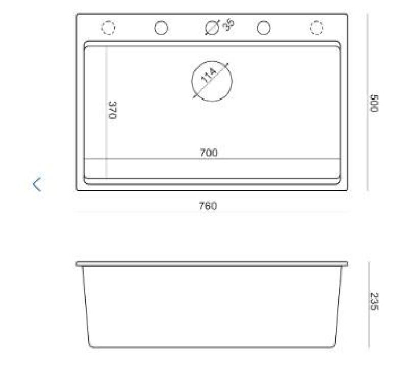 Quadri Hard Rock mat zwarte granieten opbouw grote spoelbak 76x50cm inclusief koperen plug en accessoire 1208967423