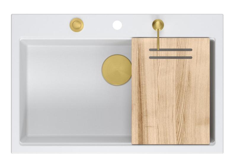 Quadri Hard Rock wit granieten opbouw grote spoelbak  76x50cm inclusief gouden plug en accessoires 1208967424