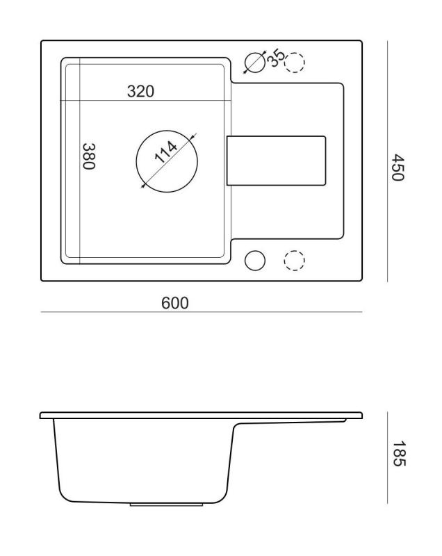 Quadri Sutton Antraciet Granieten Opbouw Spoelbak 60x45cm met Afdruipvlak, Omkeerbaar met Zwart Plug - 1208967586
