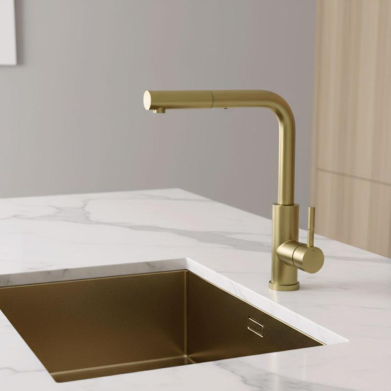Pure.Sink Elite Steel Spark-S keukenkraan PVD geborsteld goud met uittrekbare uitloop PS8041-60