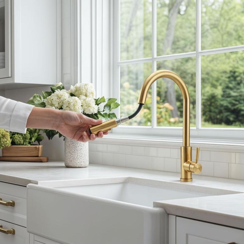 Pure.Sink Elite Steel Stream-S keukenkraan PVD geborsteld goud met uittrekbare uitloop PS8045-60