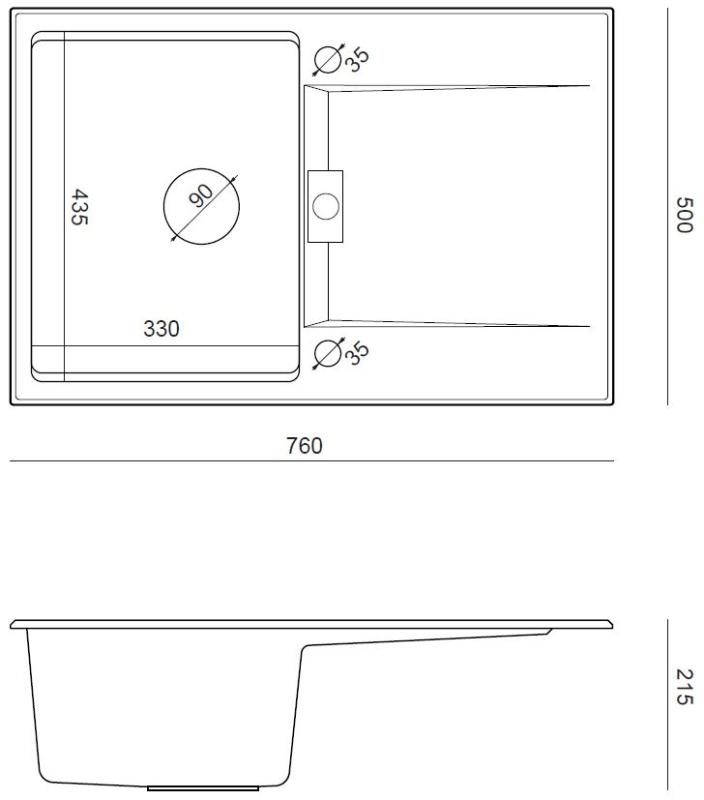 Quadri Minton Granieten Opbouw Zwarte Spoelbak 76x50cm met Afdruip Omkeerbaar en Goud Plug 1208967739